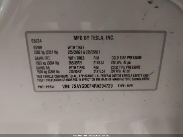Продаж на аукціоні авто 2024 Tesla Model Y Performance Dual Motor All-wheel Drive, vin: 7SAYGDEF4RA294729, номер лоту: 44947945