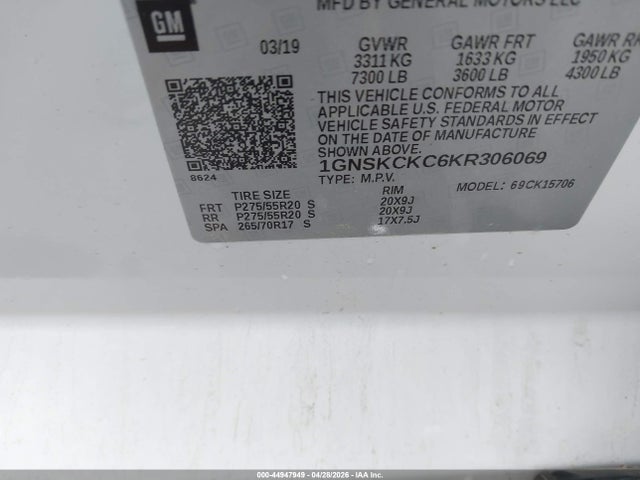 Auction sale of the 2019 Chevrolet Tahoe Premier, vin: 1GNSKCKC6KR306069, lot number: 44947949