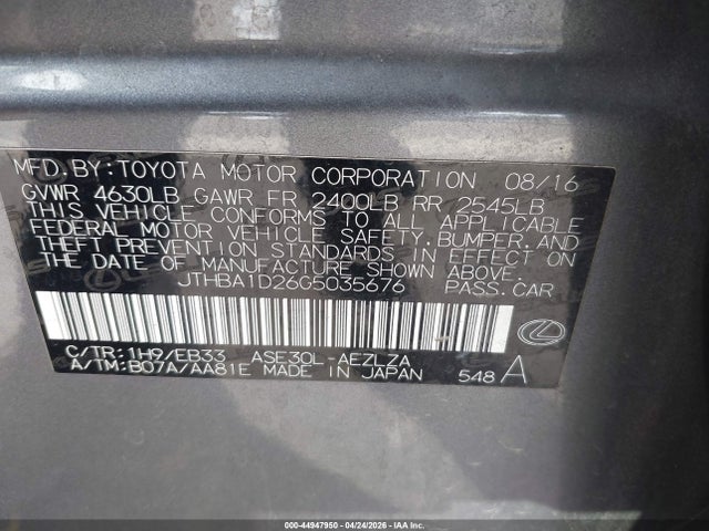 44947950 :رقم المزاد ، JTHBA1D26G5035676 vin ، 2016 Lexus Is 200t مزاد بيع