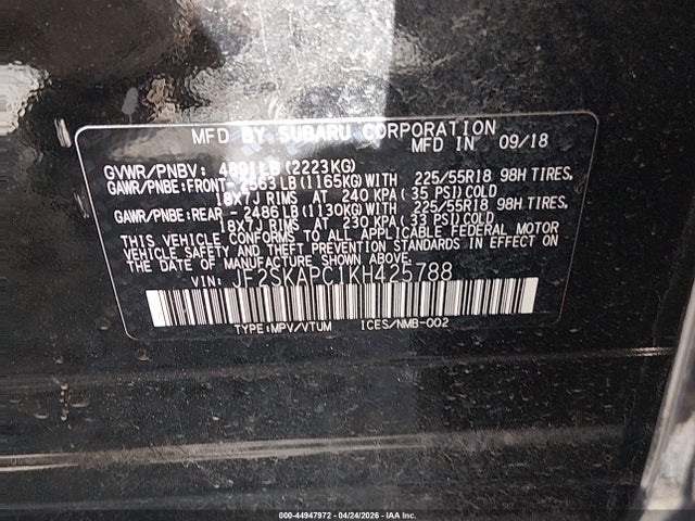 2019 Subaru Forester Sport მანქანა იყიდება აუქციონზე, vin: JF2SKAPC1KH425788, აუქციონის ნომერი: 44947972