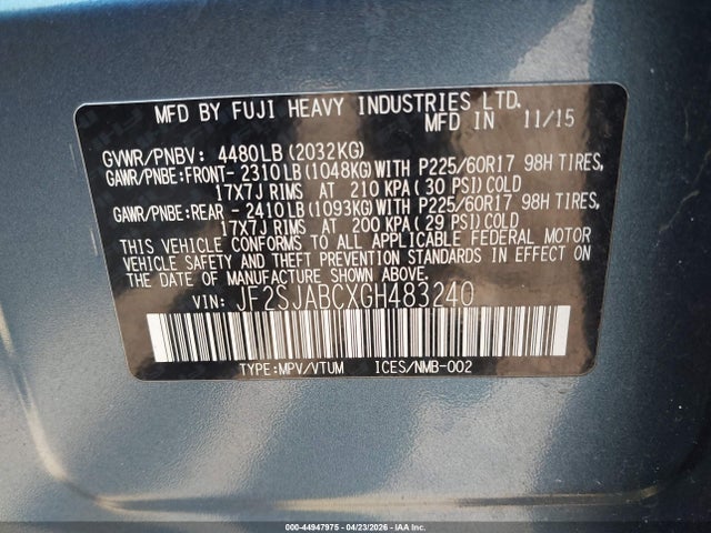 Продажа на аукционе авто 2016 Subaru Forester 2.5i, vin: JF2SJABCXGH483240, номер лота: 44947975
