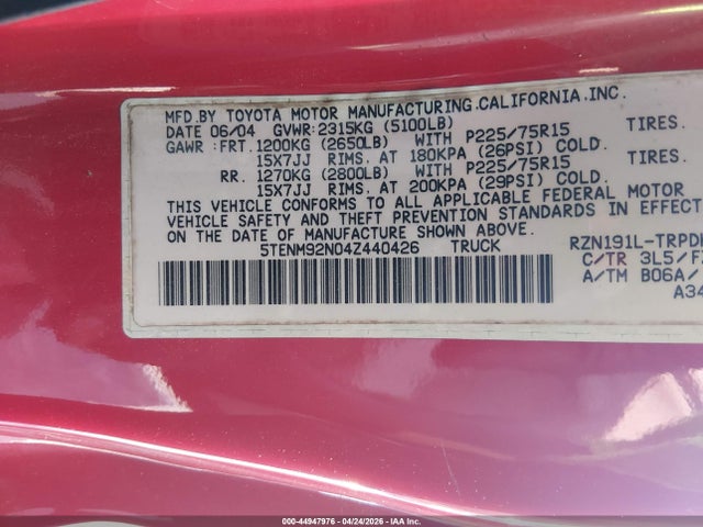 Auction sale of the 2004 Toyota Tacoma Prerunner, vin: 5TENM92N04Z440426, lot number: 44947976