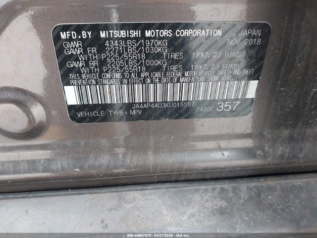 2019 Mitsubishi Outlander Sport 2.0 Se მანქანა იყიდება აუქციონზე, vin: JA4AP4AU3KU015557, აუქციონის ნომერი: 44947979