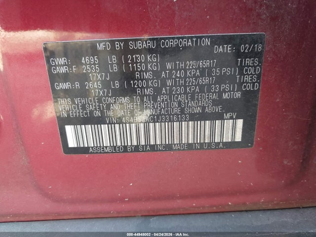 44948002 :رقم المزاد ، 4S4BSAAC1J3316133 vin ، 2018 Subaru Outback 2.5i مزاد بيع