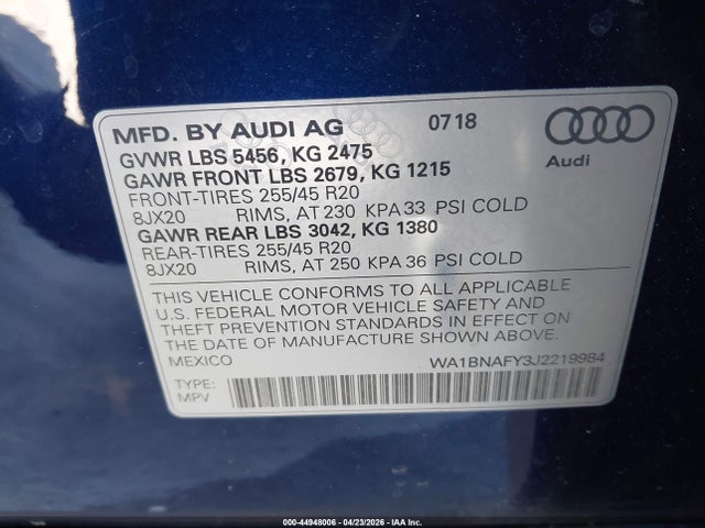 44948006 :رقم المزاد ، WA1BNAFY3J2219984 vin ، 2018 Audi Q5 2.0t Premium/2.0t Tech Premium مزاد بيع