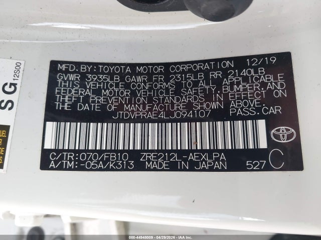 Продажа на аукционе авто 2020 Toyota Corolla Le, vin: JTDVPRAE4LJ094107, номер лота: 44948009