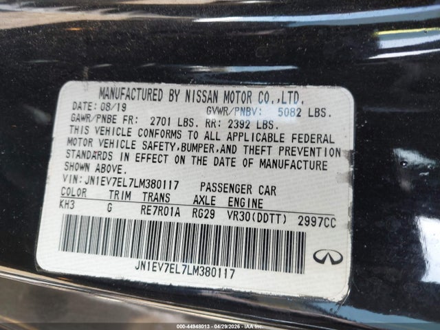 Aukcja sprzedaży 2020 Infiniti Q60 Luxe Awd, vin: JN1EV7EL7LM380117, numer aukcji: 44948013
