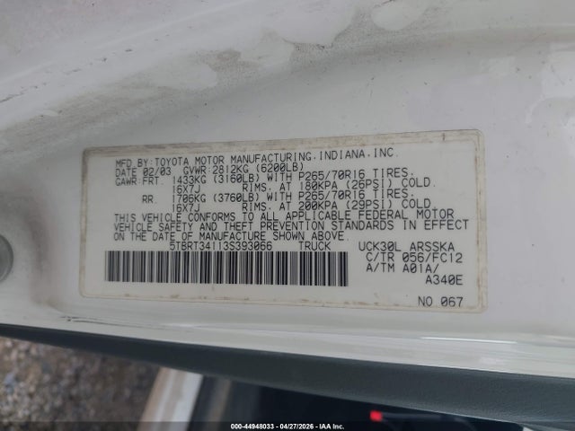 2003 Toyota Tundra Sr5 V8 მანქანა იყიდება აუქციონზე, vin: 5TBRT34113S393066, აუქციონის ნომერი: 44948033