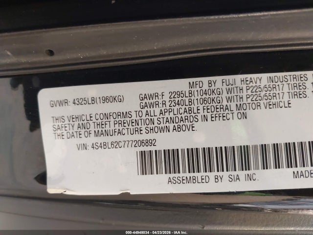 44948034 :رقم المزاد ، 4S4BL62C777206892 vin ، 2007 Subaru Outback 2.5i Limited مزاد بيع