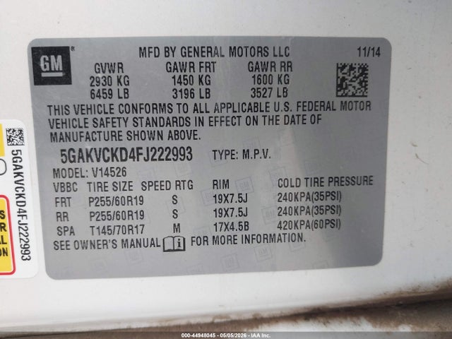 44948045 :رقم المزاد ، 5GAKVCKD4FJ222993 vin ، 2015 Buick Enclave Premium مزاد بيع