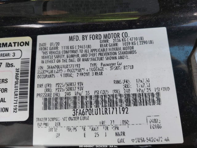 3FA6P0LU1LR171192 Ford Fusion Hybrid Se