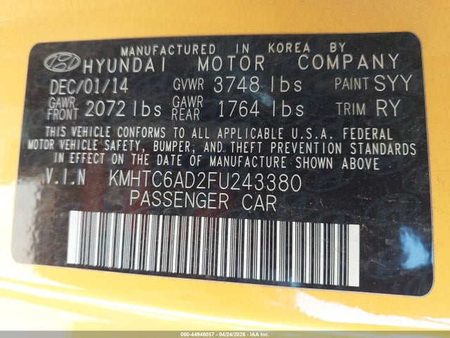 Aukcja sprzedaży 2015 Hyundai Veloster, vin: KMHTC6AD2FU243380, numer aukcji: 44948057