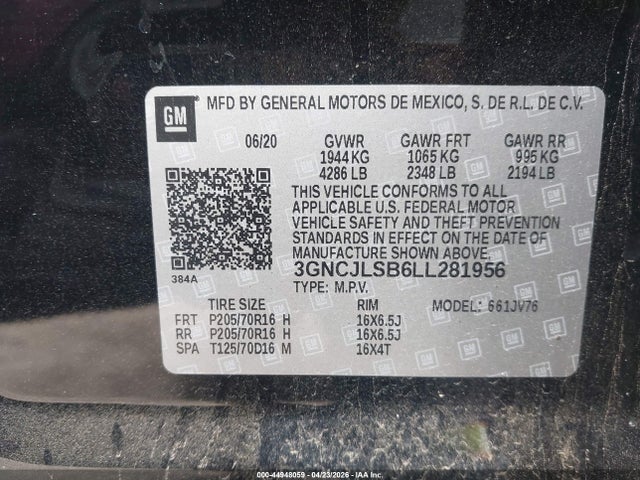 44948059 :رقم المزاد ، 3GNCJLSB6LL281956 vin ، 2020 Chevrolet Trax Fwd Lt مزاد بيع