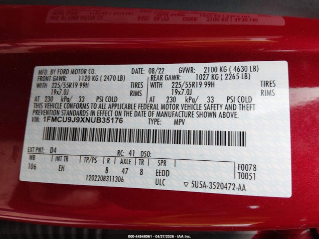 Продаж на аукціоні авто 2022 Ford Escape Titanium, vin: 1FMCU9J9XNUB35176, номер лоту: 44948061