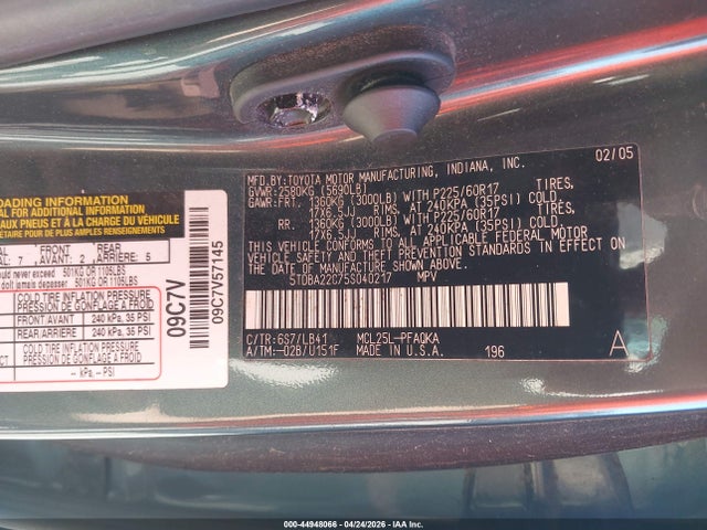 2005 Toyota Sienna Xle Limited მანქანა იყიდება აუქციონზე, vin: 5TDBA22C75S040217, აუქციონის ნომერი: 44948066
