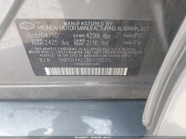 Aukcja sprzedaży 2011 Hyundai Sonata Gls, vin: 5NPEB4AC2BH170575, numer aukcji: 44948077