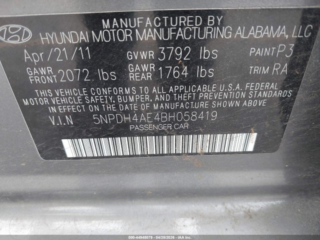 Продажа на аукционе авто 2011 Hyundai Elantra Gls, vin: 5NPDH4AE4BH058419, номер лота: 44948079