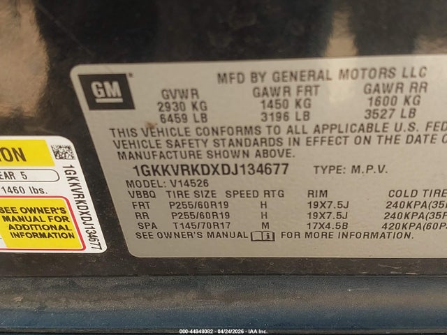 Продажа на аукционе авто 2013 Gmc Acadia Slt-1, vin: 1GKKVRKDXDJ134677, номер лота: 44948082