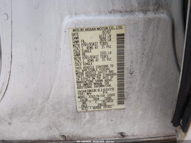 Продаж на аукціоні авто 2008 Nissan Pathfinder Se, vin: 5N1AR18B18C616009, номер лоту: 44948089