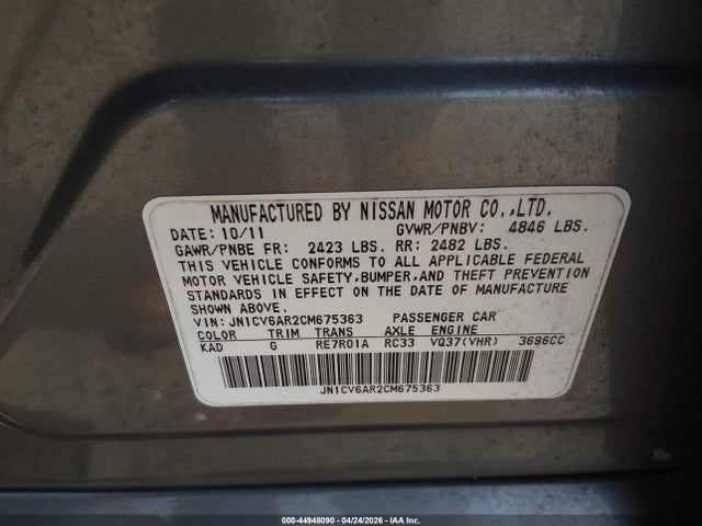 Aukcja sprzedaży 2012 Infiniti G37x, vin: JN1CV6AR2CM675363, numer aukcji: 44948090