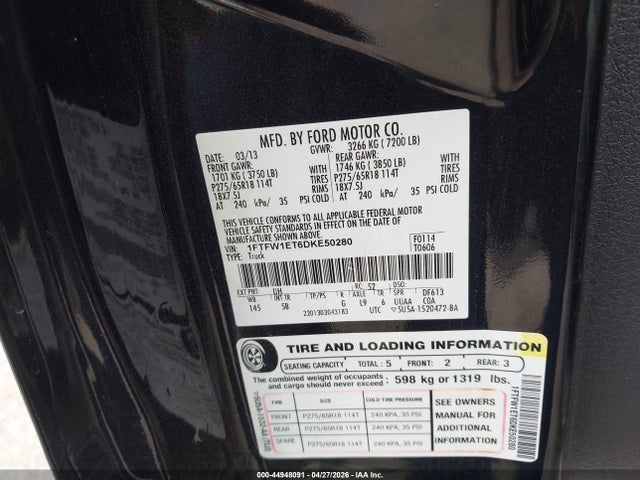 Aukcja sprzedaży 2013 Ford F-150 Fx4, vin: 1FTFW1ET6DKE50280, numer aukcji: 44948091