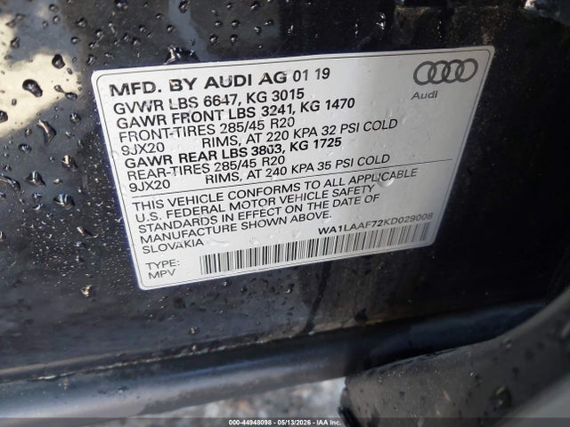 44948098 :رقم المزاد ، WA1LAAF72KD029008 vin ، 2019 Audi Q7 55 Premium مزاد بيع