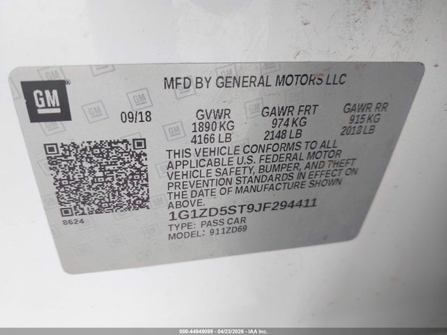 Продажа на аукционе авто 2018 Chevrolet Malibu Lt, vin: 1G1ZD5ST9JF294411, номер лота: 44948099