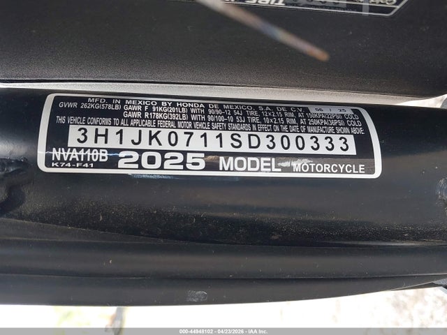 Продажа на аукционе авто 2025 Honda Nva110 B, vin: 3H1JK0711SD300333, номер лота: 44948102