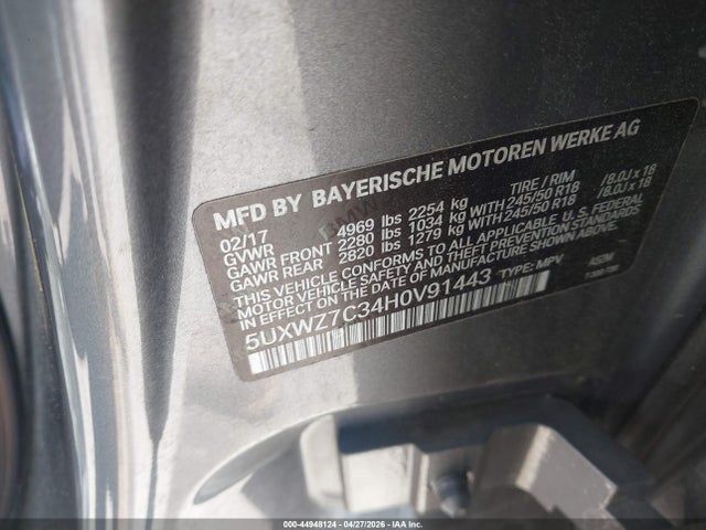 Aukcja sprzedaży 2017 Bmw X3 Sdrive28i, vin: 5UXWZ7C34H0V91443, numer aukcji: 44948124