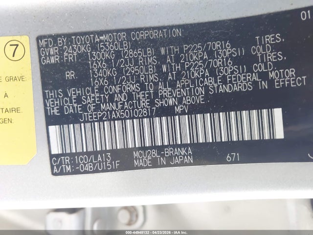 Aukcja sprzedaży 2005 Toyota Highlander V6, vin: JTEEP21AX50102817, numer aukcji: 44948132