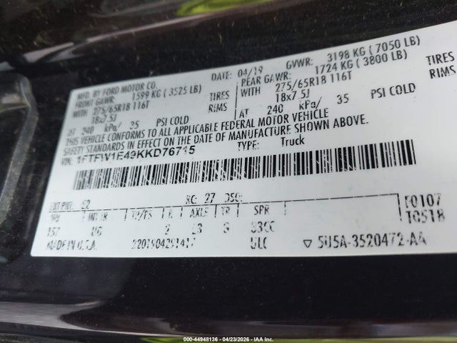 Ford F-150 Xlt 2019 1FTFW1E49KKD76715 Image 9