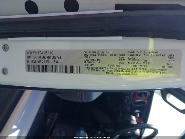 44948156 :رقم المزاد ، 1C4HJXCG5MW593794 vin ، 2021 Jeep Wrangler Rubicon 4x4 مزاد بيع