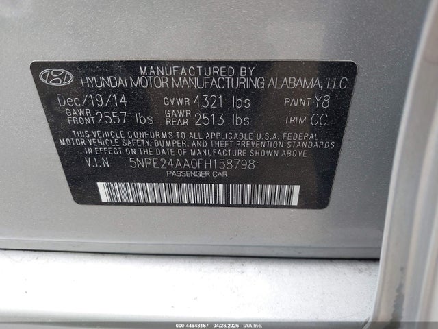 Aukcja sprzedaży 2015 Hyundai Sonata Eco, vin: 5NPE24AA0FH158798, numer aukcji: 44948167