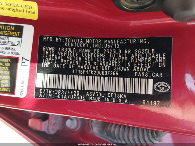 2013 Toyota Camry Se მანქანა იყიდება აუქციონზე, vin: 4T1BF1FK2DU697266, აუქციონის ნომერი: 44948177