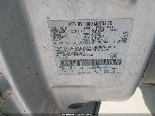 44948179 :رقم المزاد ، 1FTRX14W36FA18845 vin ، 2006 Ford F-150 Stx/xl/xlt مزاد بيع