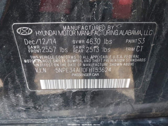 2015 Hyundai Sonata Limited 2.0t მანქანა იყიდება აუქციონზე, vin: 5NPE34AB0FH153624, აუქციონის ნომერი: 44948183