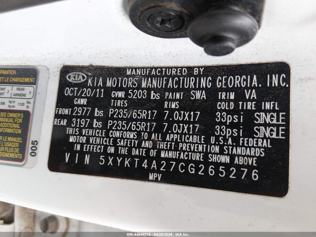 Продаж на аукціоні авто 2012 Kia Sorento Lx V6, vin: 5XYKT4A27CG265276, номер лоту: 44948210