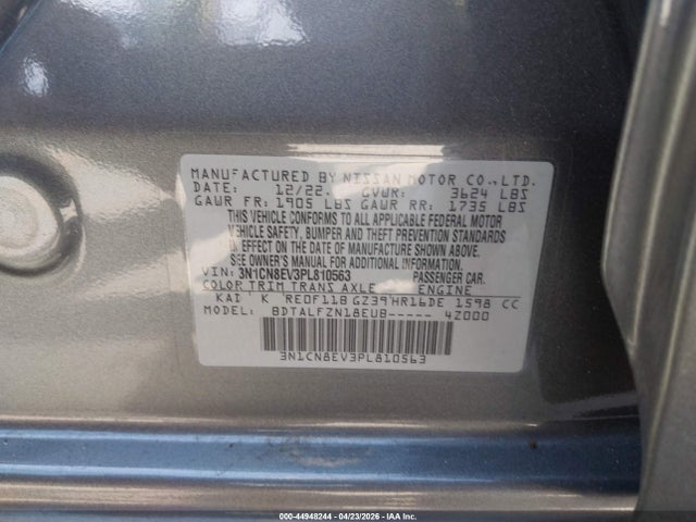 Продаж на аукціоні авто 2023 Nissan Versa 1.6 Sv Xtronic Cvt, vin: 3N1CN8EV3PL810563, номер лоту: 44948244