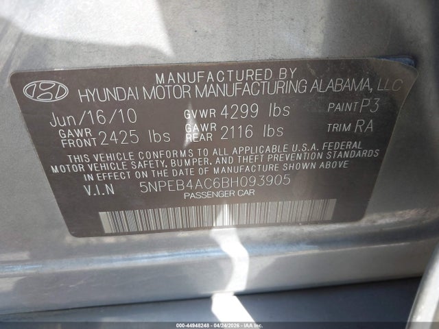 2011 Hyundai Sonata Gls მანქანა იყიდება აუქციონზე, vin: 5NPEB4AC6BH093905, აუქციონის ნომერი: 44948248