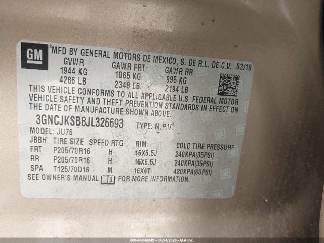 Aukcja sprzedaży 2018 Chevrolet Trax Ls, vin: 3GNCJKSB8JL326693, numer aukcji: 44948249