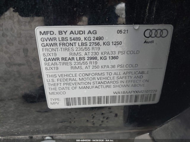 Продаж на аукціоні авто 2021 Audi Q5 Premium Plus 45 Tfsi Quattro S Tronic, vin: WA1BAAFYXM2107229, номер лоту: 44948250