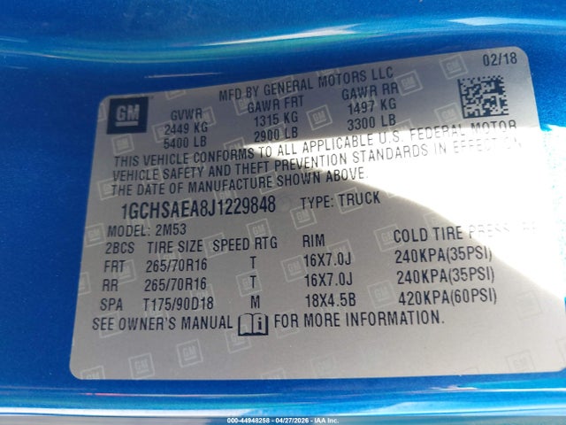 2018 Chevrolet Colorado მანქანა იყიდება აუქციონზე, vin: 1GCHSAEA8J1229848, აუქციონის ნომერი: 44948258