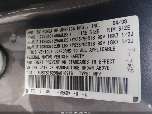Продаж на аукціоні авто 2008 Acura Rdx, vin: 5J8TB18298A018216, номер лоту: 44948282