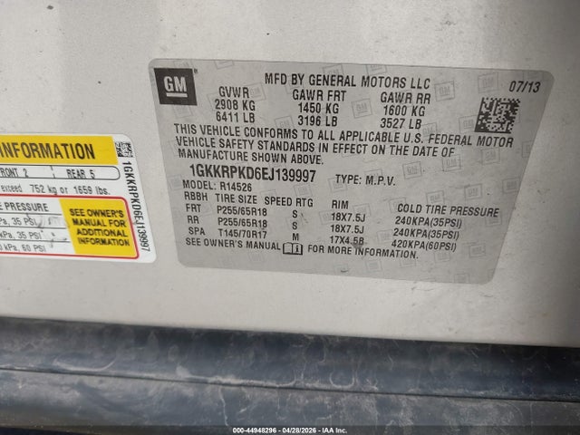 2014 Gmc Acadia Sle-2 მანქანა იყიდება აუქციონზე, vin: 1GKKRPKD6EJ139997, აუქციონის ნომერი: 44948296