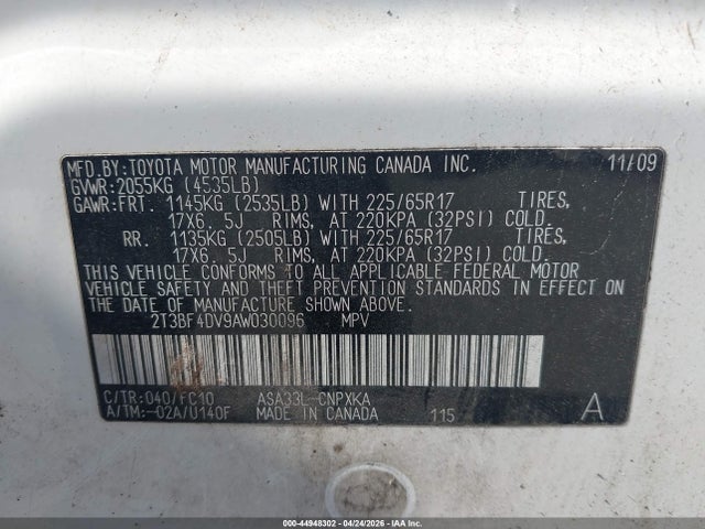 44948302 :رقم المزاد ، 2T3BF4DV9AW030096 vin ، 2010 Toyota Rav4 مزاد بيع