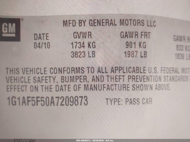 Продаж на аукціоні авто 2010 Chevrolet Cobalt Lt, vin: 1G1AF5F50A7209873, номер лоту: 44948312
