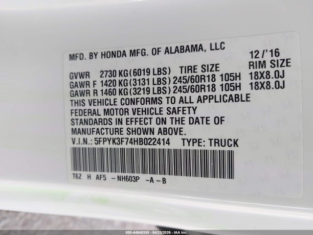 5FPYK3F74HB022414 Honda Ridgeline Rtl-e