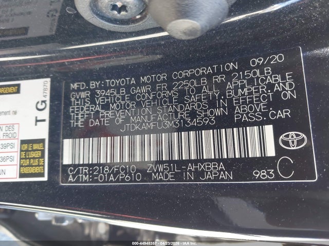 Toyota Prius L Eco 2021 JTDKAMFU3M3134593 Image 9