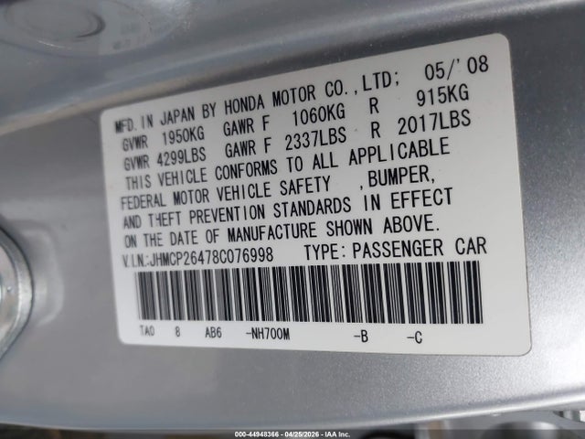 44948366 :رقم المزاد ، JHMCP26478C076998 vin ، 2008 Honda Accord 2.4 Lx-p مزاد بيع