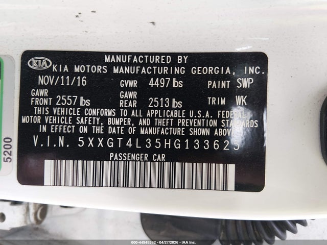 Продаж на аукціоні авто 2017 Kia Optima Lx, vin: 5XXGT4L35HG133625, номер лоту: 44948382